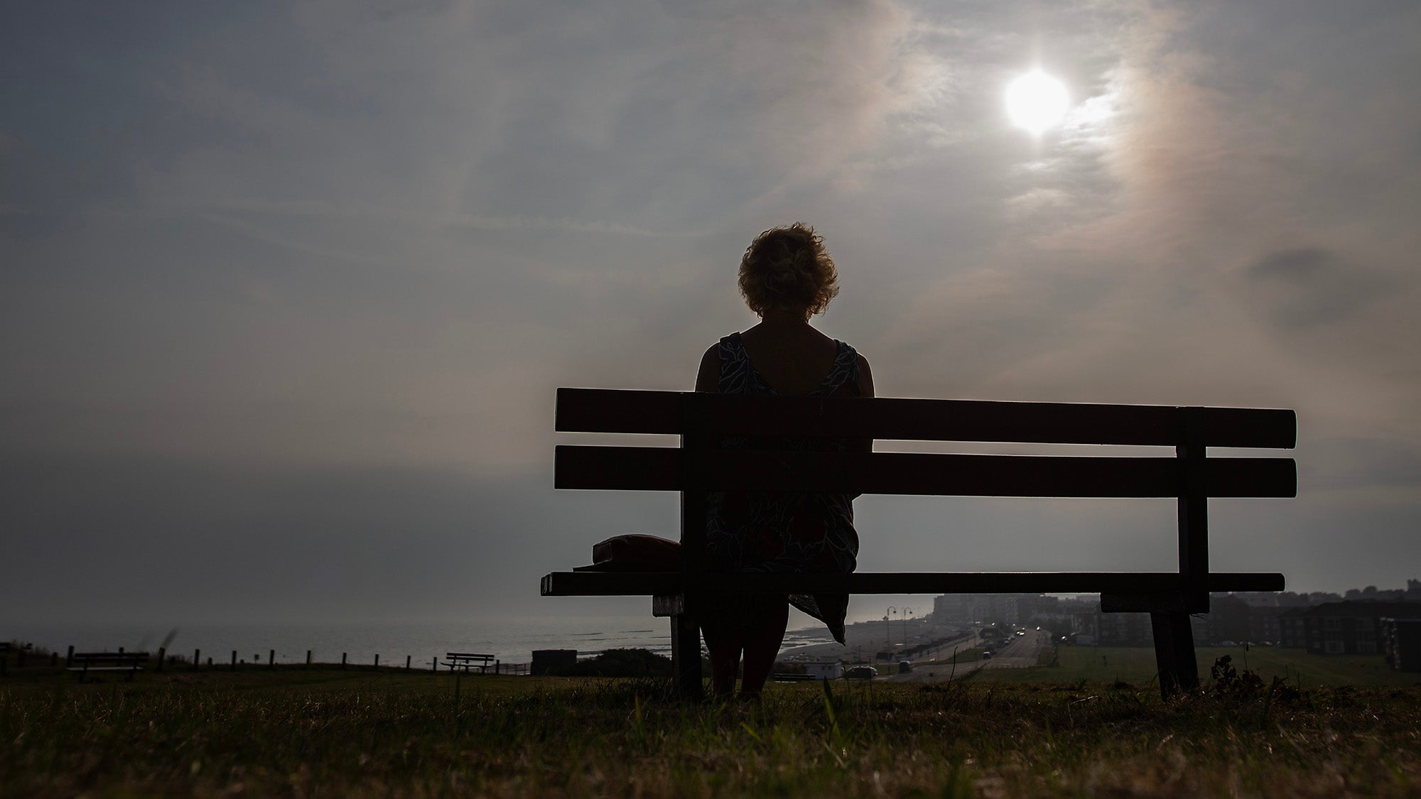Woman sitting on bench, rear view. gray sky