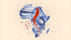 map of Africa made of bold, blue brushstrokes, with a bold red vertical streak and speckled cream background