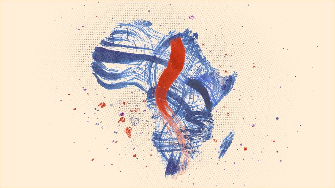 map of Africa made of bold, blue brushstrokes, with a bold red vertical streak and speckled cream background