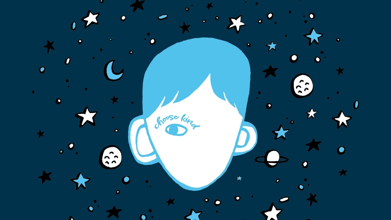 Logo for "Wonder" the musical on a background of stars, moons and planets. The logo is a child's face with one eye and the words "Choose Kind" over the eyebrow.