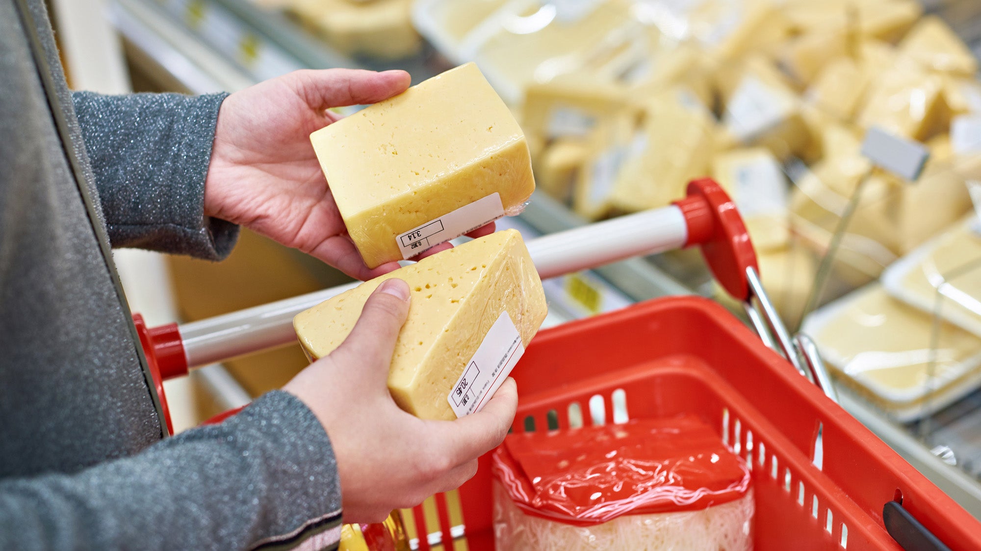 person holding two pieces of cheese