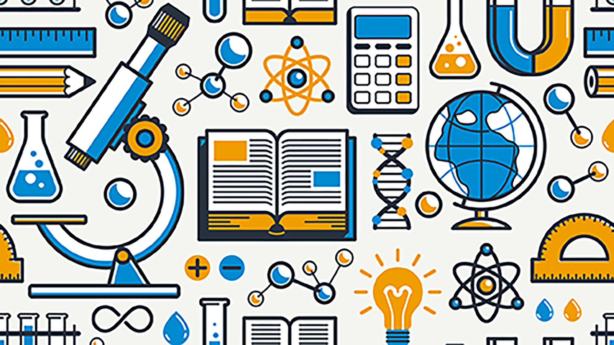 Science concept illustration of items including microscope and DNA strand