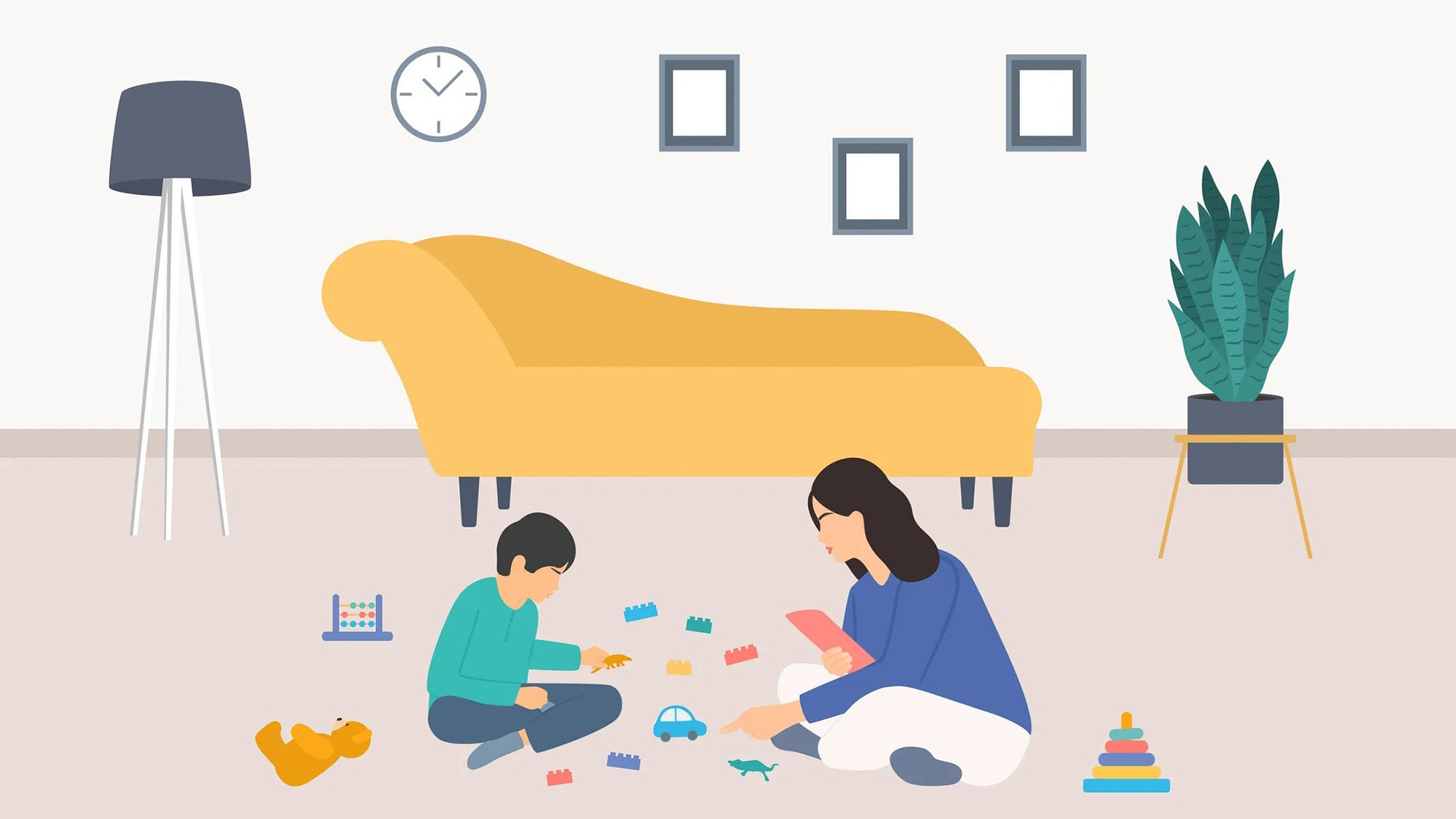 Illustration: Psychologist watching young boy play with toys