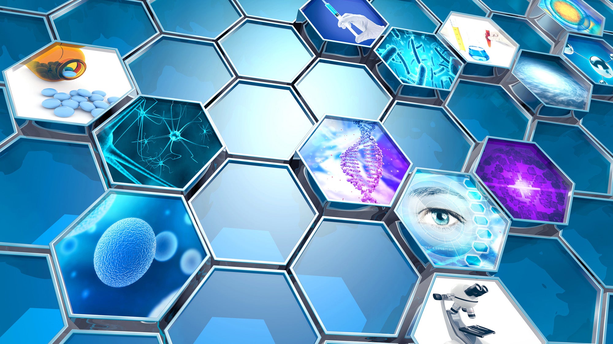 scientific research graphic showing hexagonal backdrop with various science images