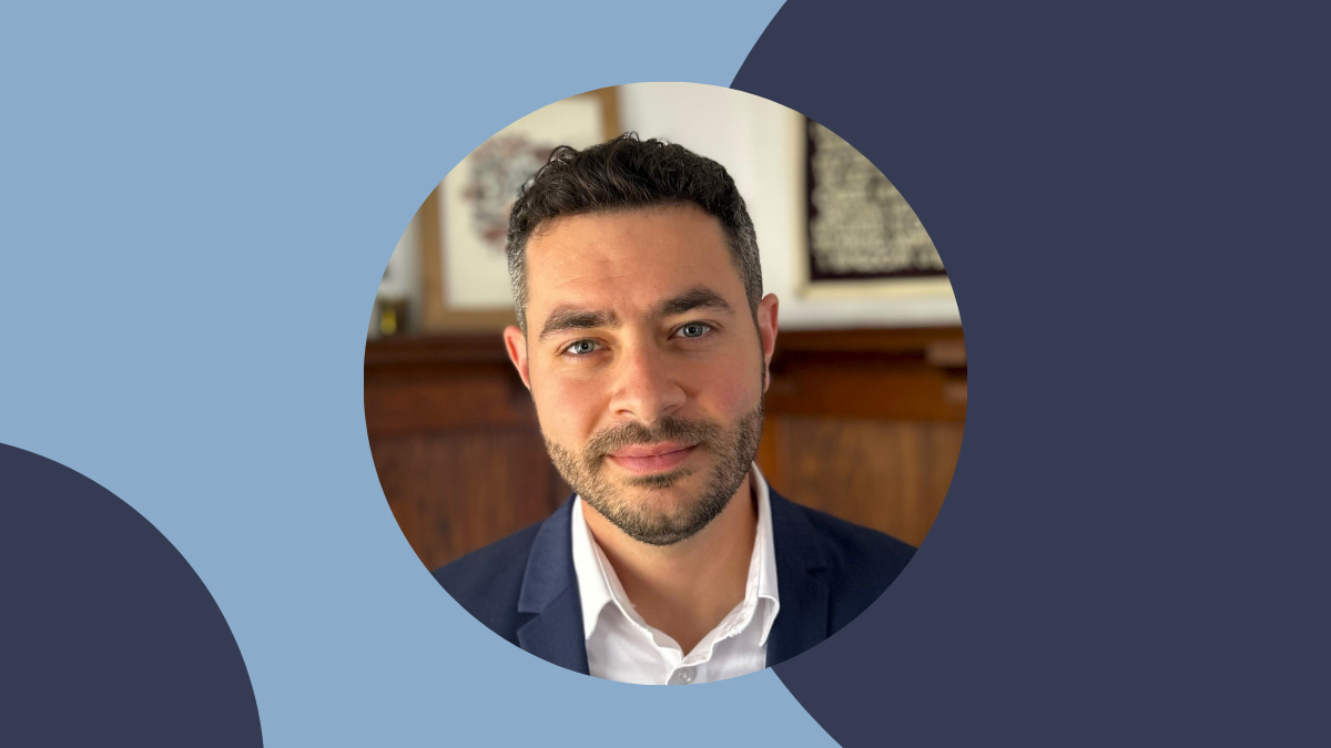 blue visual with headshot of Joshua Petimar in circle frame