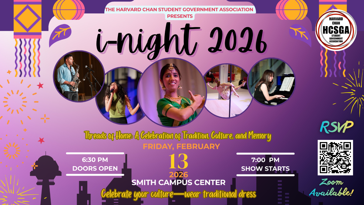 Advertisement for i-Night 2026 feautring images of prior performers dancing, playing instruments, and singing on purple background