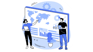 Icon of two people stand in front of a large screen displaying a world map and various charts and graphs.