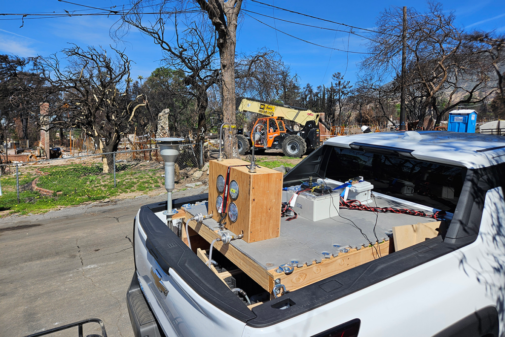 Air quality monitoring equipment in bed of UC Davis sampling truck following LA Fires