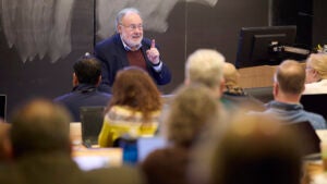 Leonard Marcus speaking in front of students