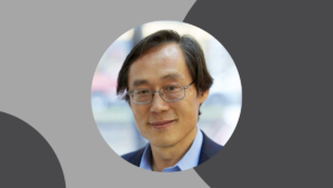 Frank Hu headshot on gray background with simple design elements