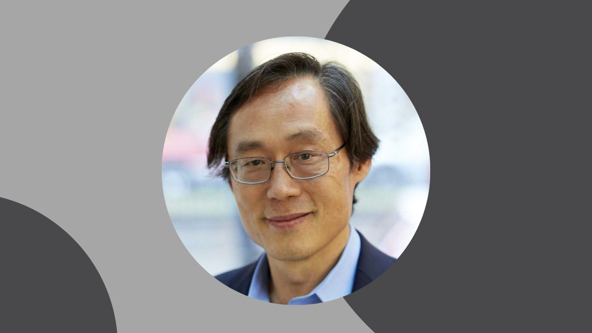 Frank Hu headshot on gray background with simple design elements