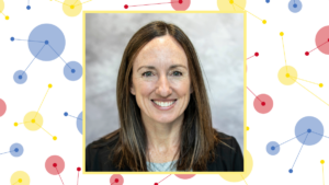 Headshot of Molly Franke on white background with multi-sized dots in blue yellow and red