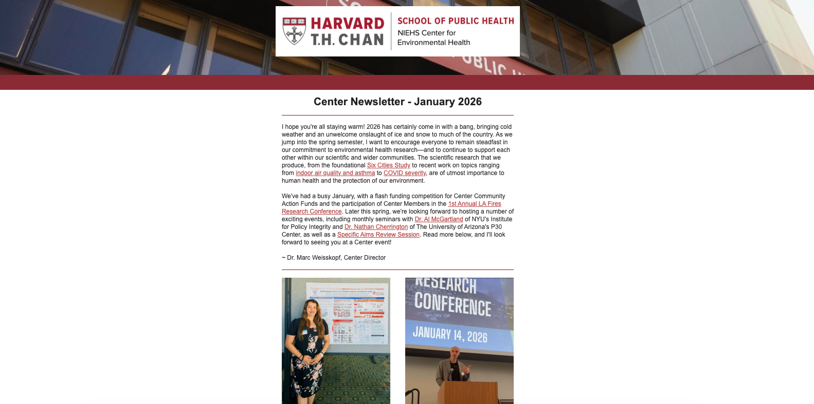 Harvard Chan NIEHS Center January 2026 newsletter screenshot.