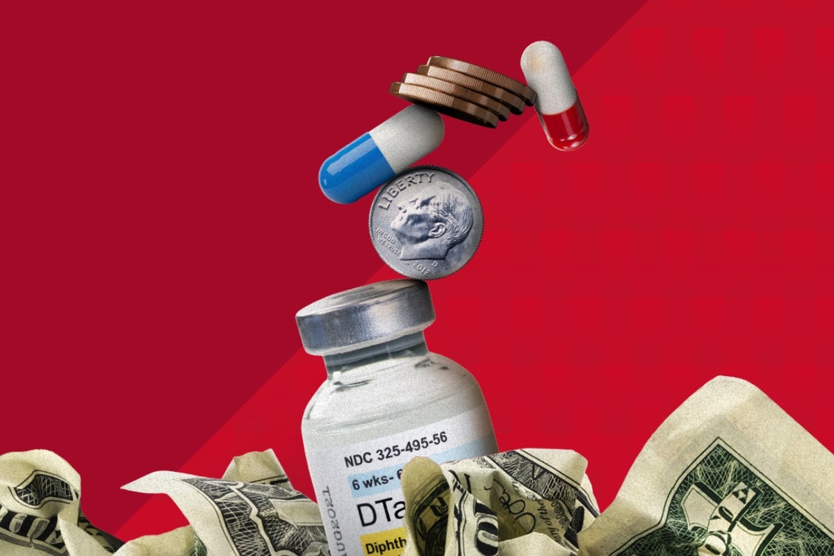 Illustration of a vaccine vial balanced with a U.S. dime, pills, and stacked coins above crumpled dollar bills on a red background, symbolizing the cost of healthcare.