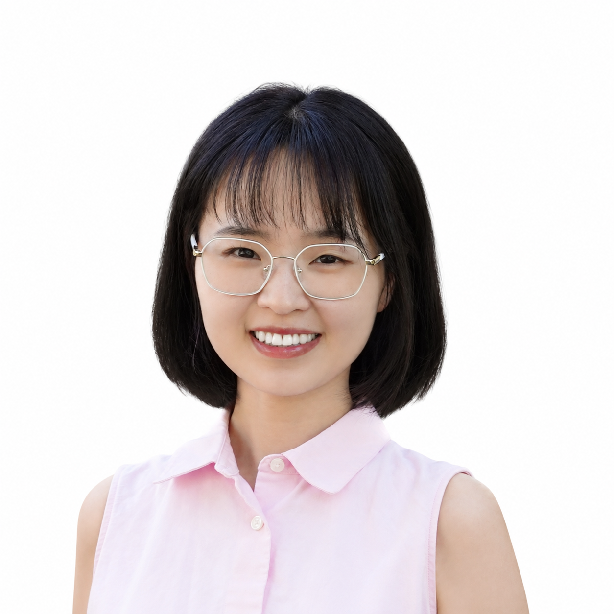 a headshot of Dr. Xinran Liu. She faces the camera with a smile that shows her teeth. she is wearing a pink blouse that has a collar and has no sleeves. She wears silver, geometrically shaped glasses and her dark brown hair falls just above her shoulders, with her bangs covering her eyebrows