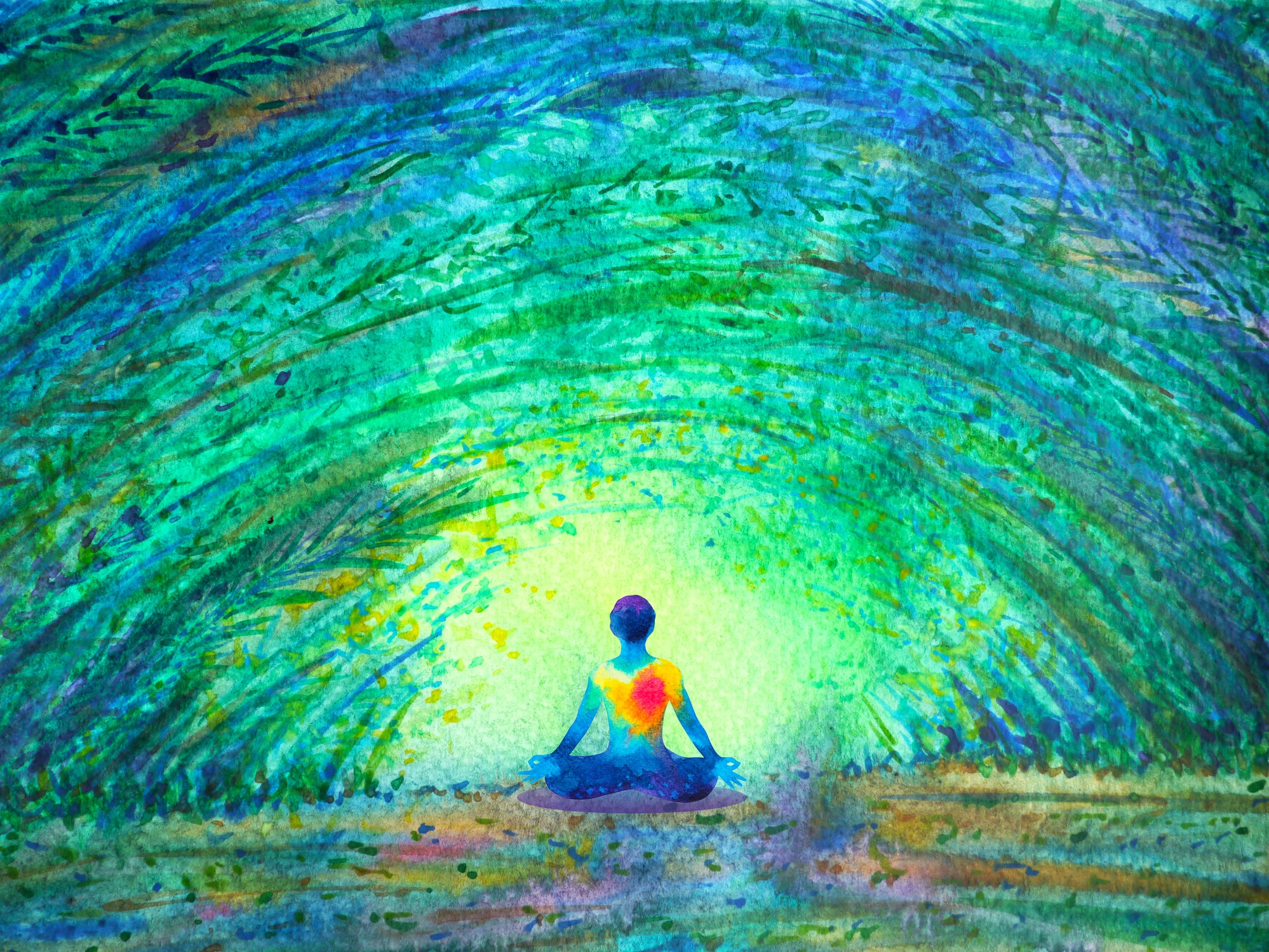 Wsaercolor illustration of a blue human figure with a red and yellow heart space sitting in a lotus pose in a green tree forest tunnel.