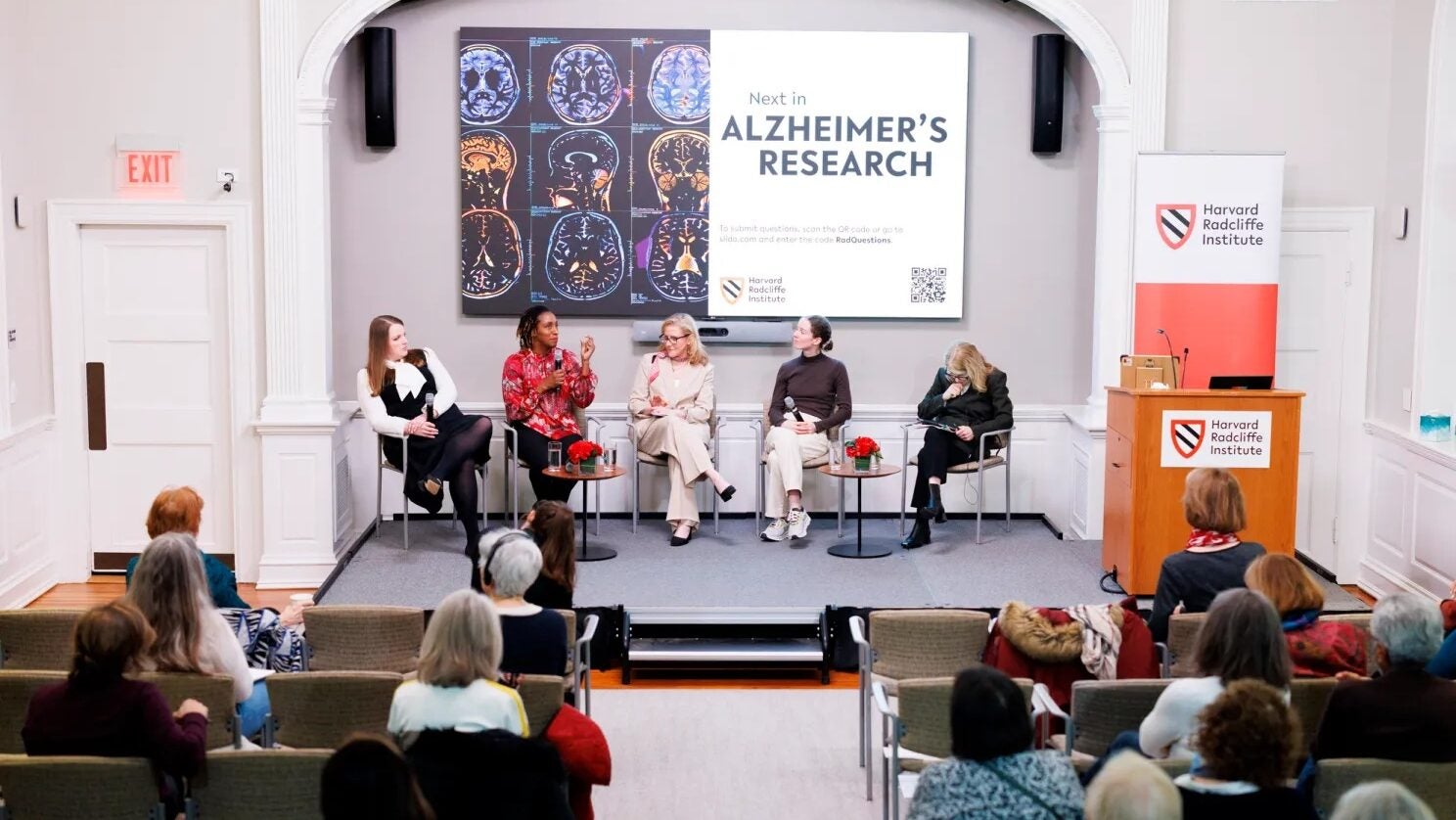 Alzheimer’s research panelists, from left: Cara Croft, Ganga Bey, Jennifer Gatchel, Leyla Akay, and Immaculata De Vivo. Veasey Conway / Harvard Staff Photographer