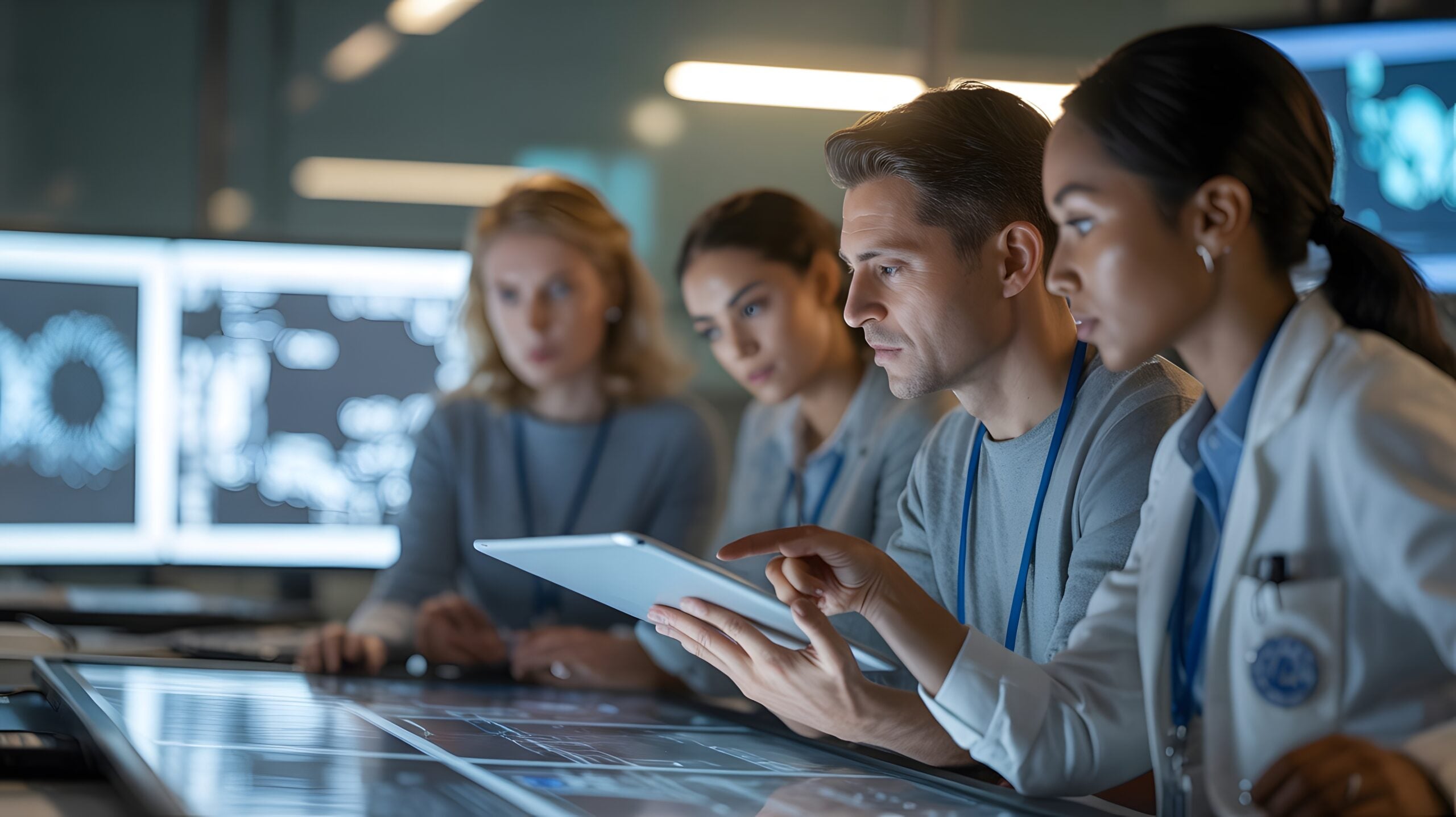 Group of healthcare professionals work together looking at a screen