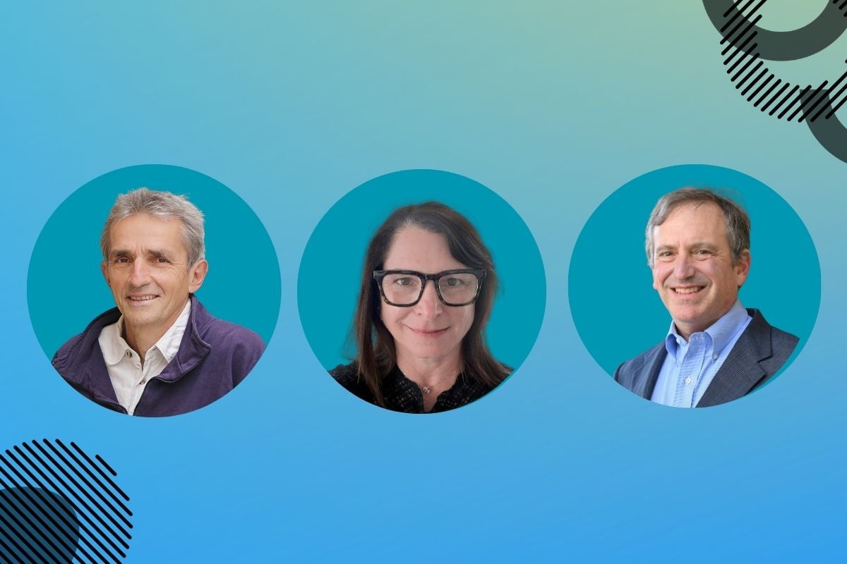 Headshots (left-right): Herman Brenner, Lorelei Mucci, and Marc Lipstich with a blue background and graphics.