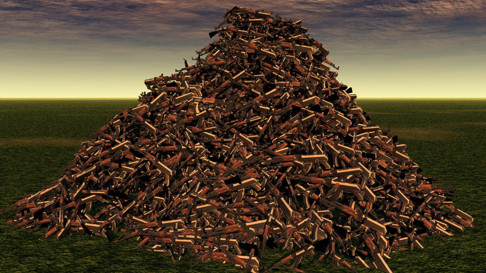 A massive pile of rifles in a grassy field