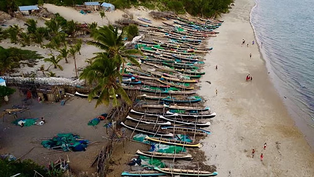 Arial shot of fishing boats on a beach