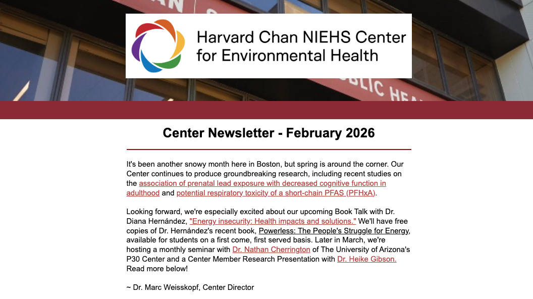 Screenshot of February newsletter with new NIEHS Center logo.