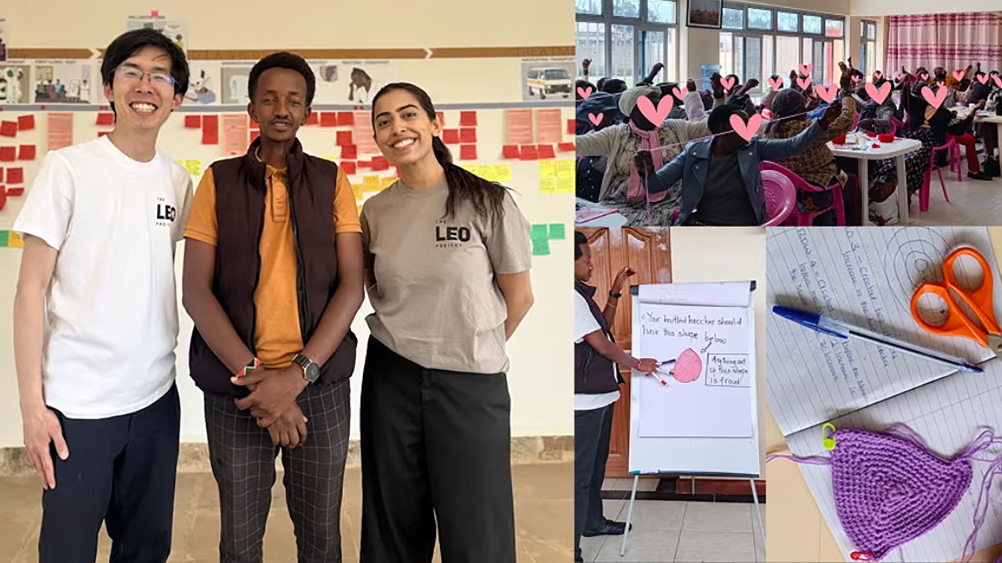 Composite image of three people posing, a group meeting, and training materials