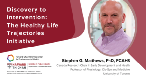 Stephen Matthews talk banner with headshot and title: Discovery to Intervention: The Healthy Life Trajectories Initiative.