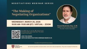 The image depicts the text details of the event, along with a headshot of the speaker, and a QR code in the bottom left quadrant to scan to join the Zoom. Dark blue background with headshot of Claude Bruderlein.