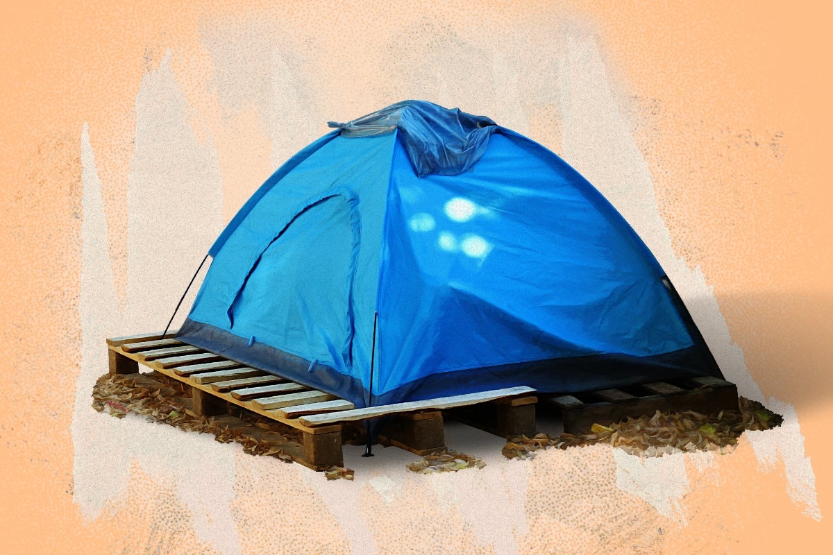 Illustration of a worn tent on a wooden pallet