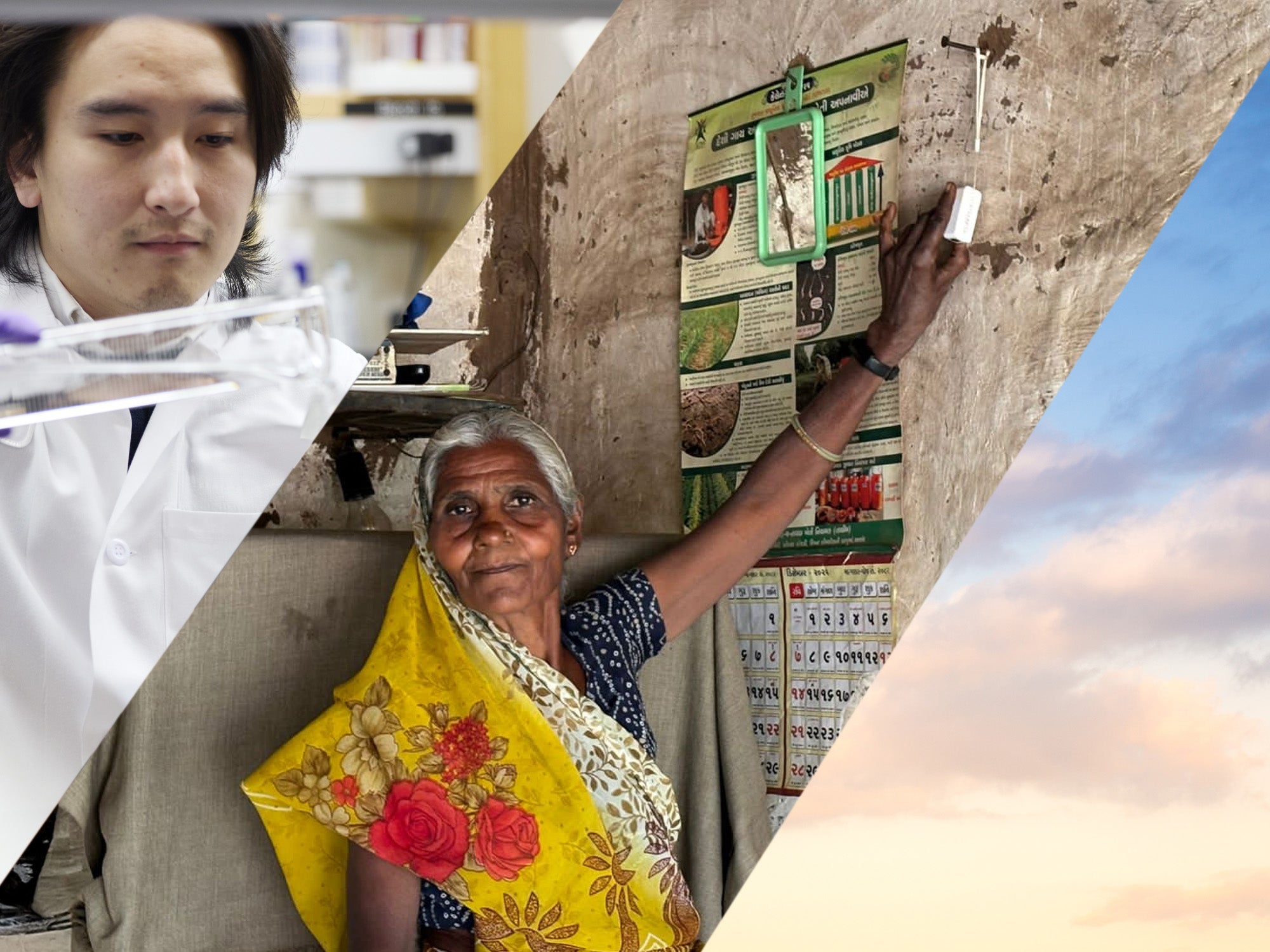 Photo with three images, from left: researcher in lab; woman in India; sky