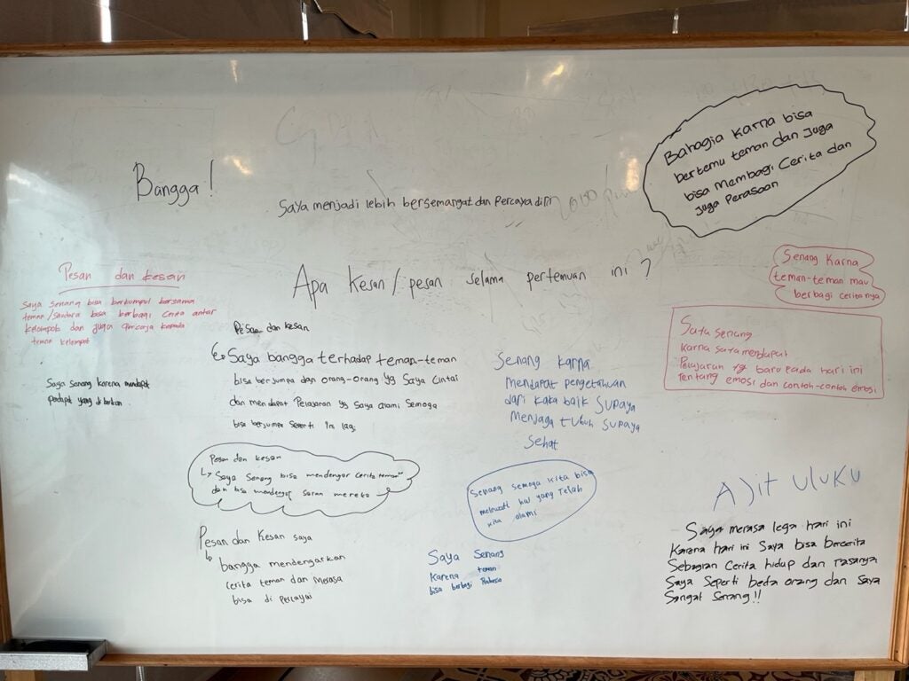 Participants’ reflections after the session, many shared feelings happy to express themselves, connect with others, and no longer feel alone.