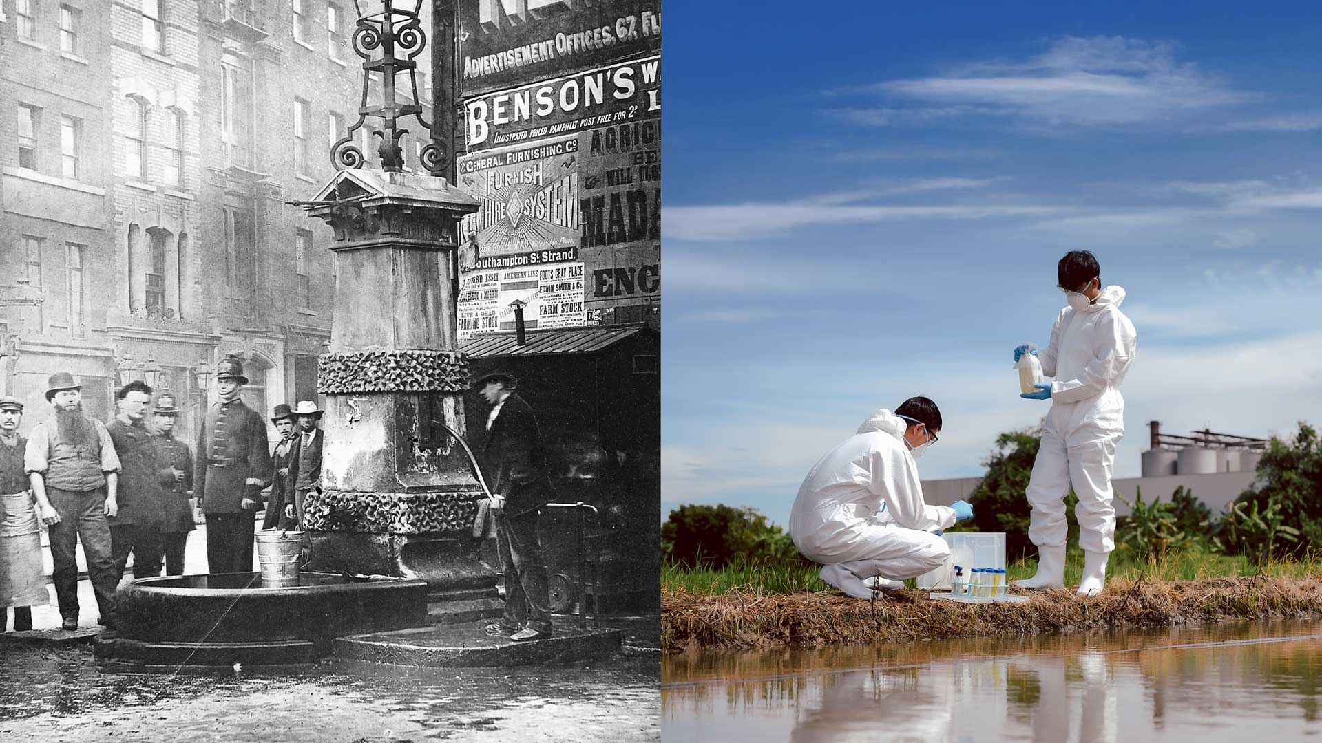 A historic image of people standing by a water pump combined with an image of two contemporary water testers at work
