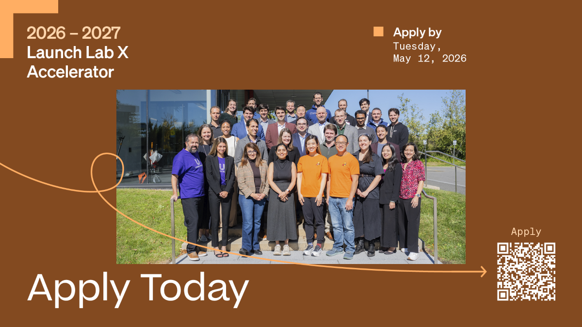 event flyer on brown background with event text in beige, and Group photo in front of building