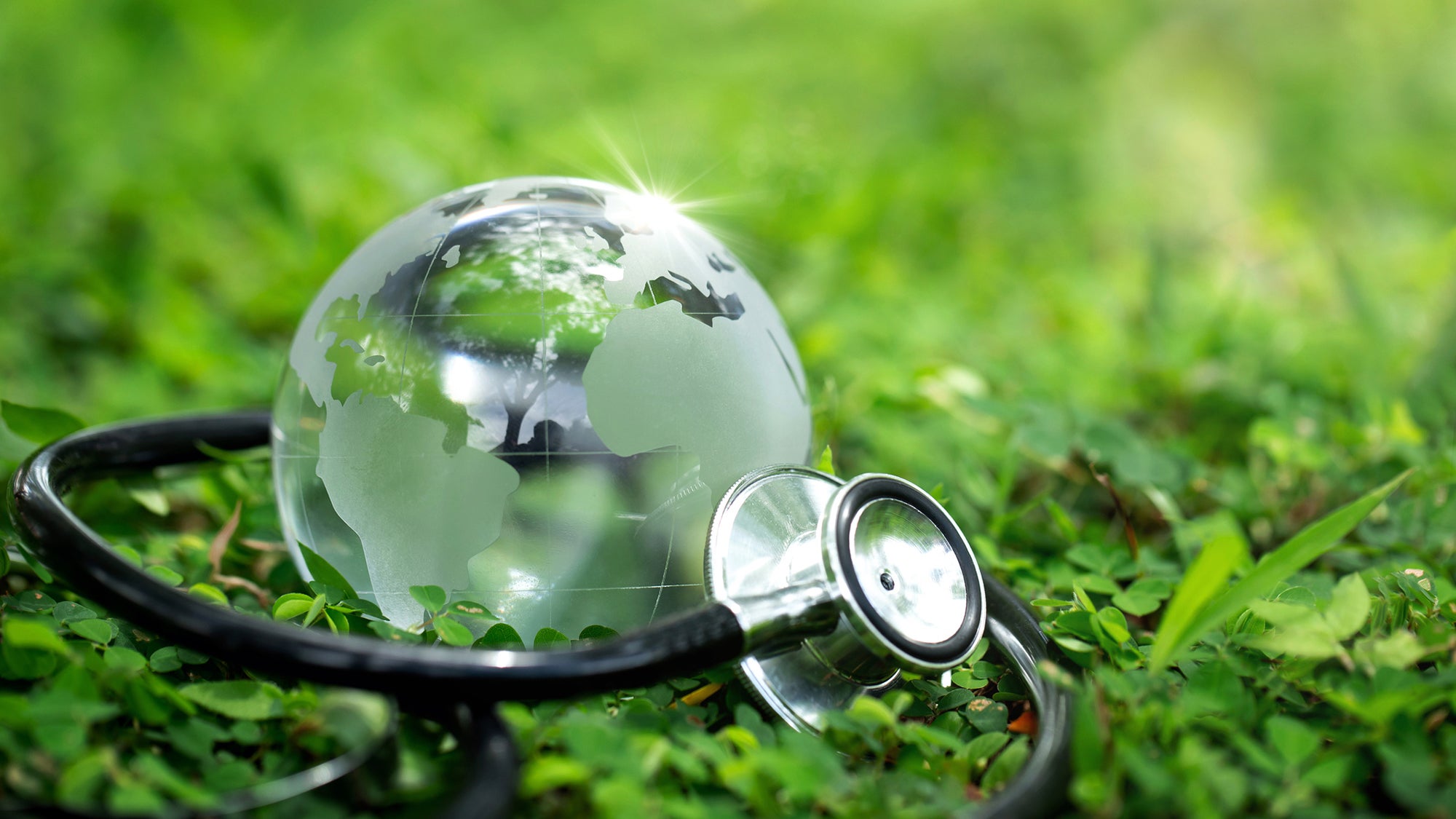Small crystal Earth with stethoscope on green grass