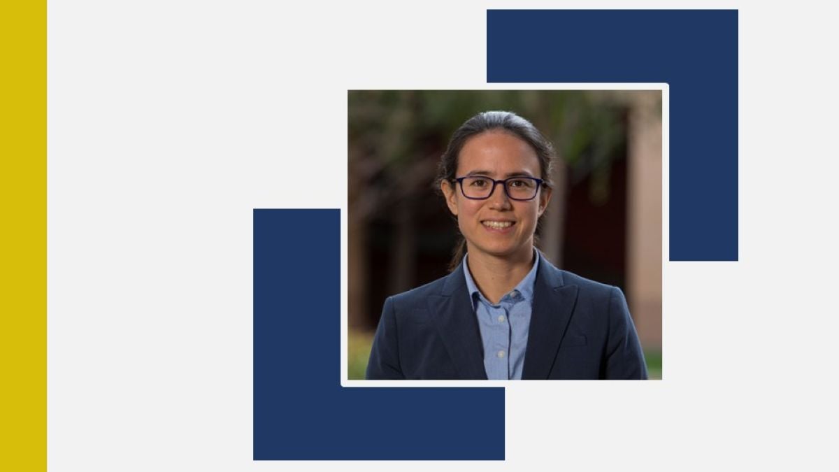 Headshot of Marissa Reitsma on white background with blue and gold elements