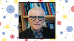 headshot of Michael Baker on white and dotted background