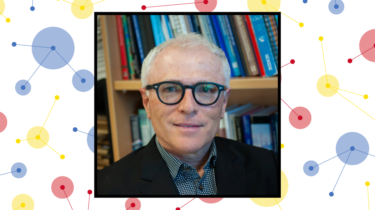 headshot of Michael Baker on white and dotted background