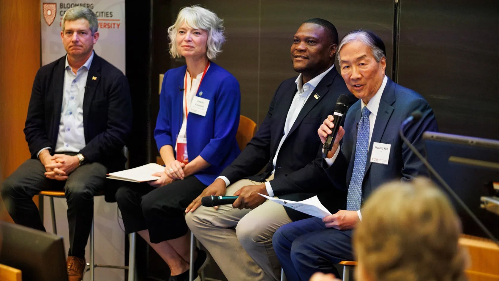 Mayors Patrick Farrell (from left), Huntington, West Virginia; Kaarin Knudson, Eugene, Oregon; and Monroe Nichols, Tulsa, Oklahoma, with moderator Howard Koh. Photo: Grace DuVal