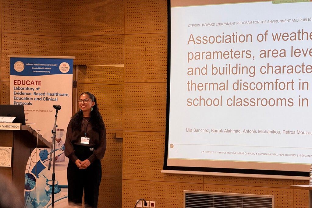 Sanchez presents her research on indoor primary school temperatures at a conference in Greece.