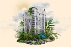 Illustration of a building with plants and leaves growing out of it.