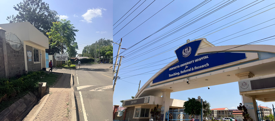 The unnamed road where we waited for another Uber within Kenyatta National Hospital, and the entrance to Kenyatta University Teaching, Referral and Research Hospital, the destination we almost never found.