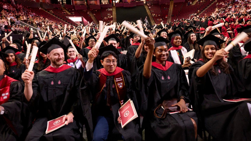 Graduates wave their scrolls