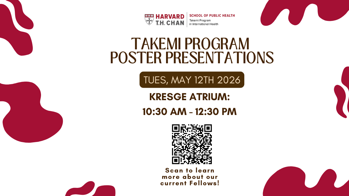 Takemi Poster Presentations flyer with event description QR code and red blob graphics