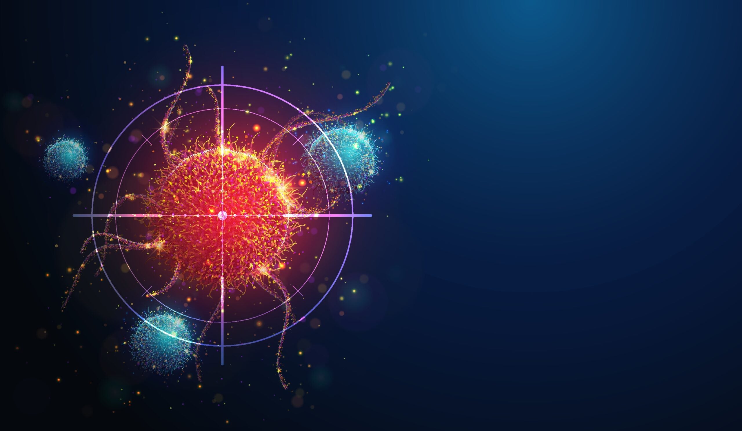 illustration of targeting cancer cell made of glowing neon particles. Blue geometric background.