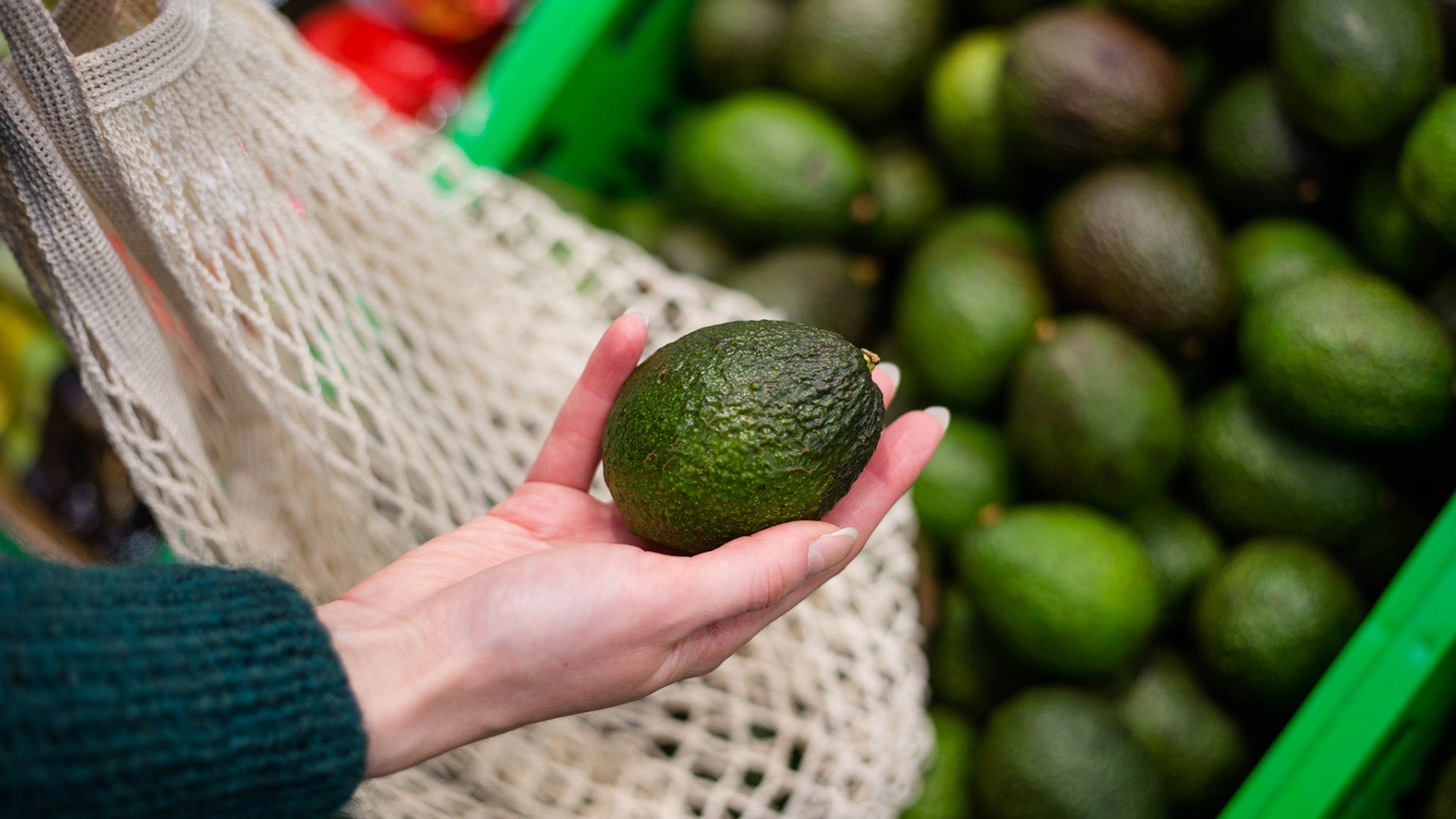 Closeup of woman's hand choosing an avocado