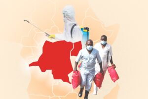 Healthcare workers wearing PPE and carrying hazardous waste bags in front of a map of Africa with the Democratic Republic of the Congo and Uganda highlighted in red