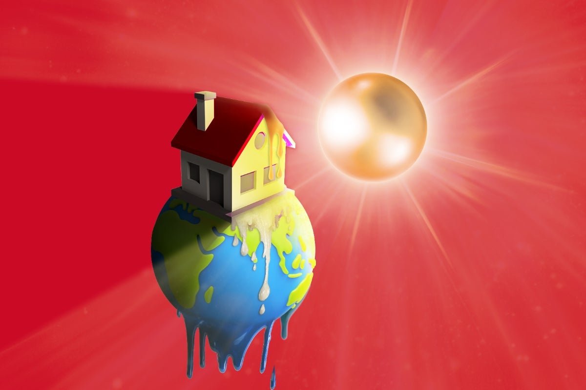 Illustration of melting earth with house on top and bright sun in distance against a red background.