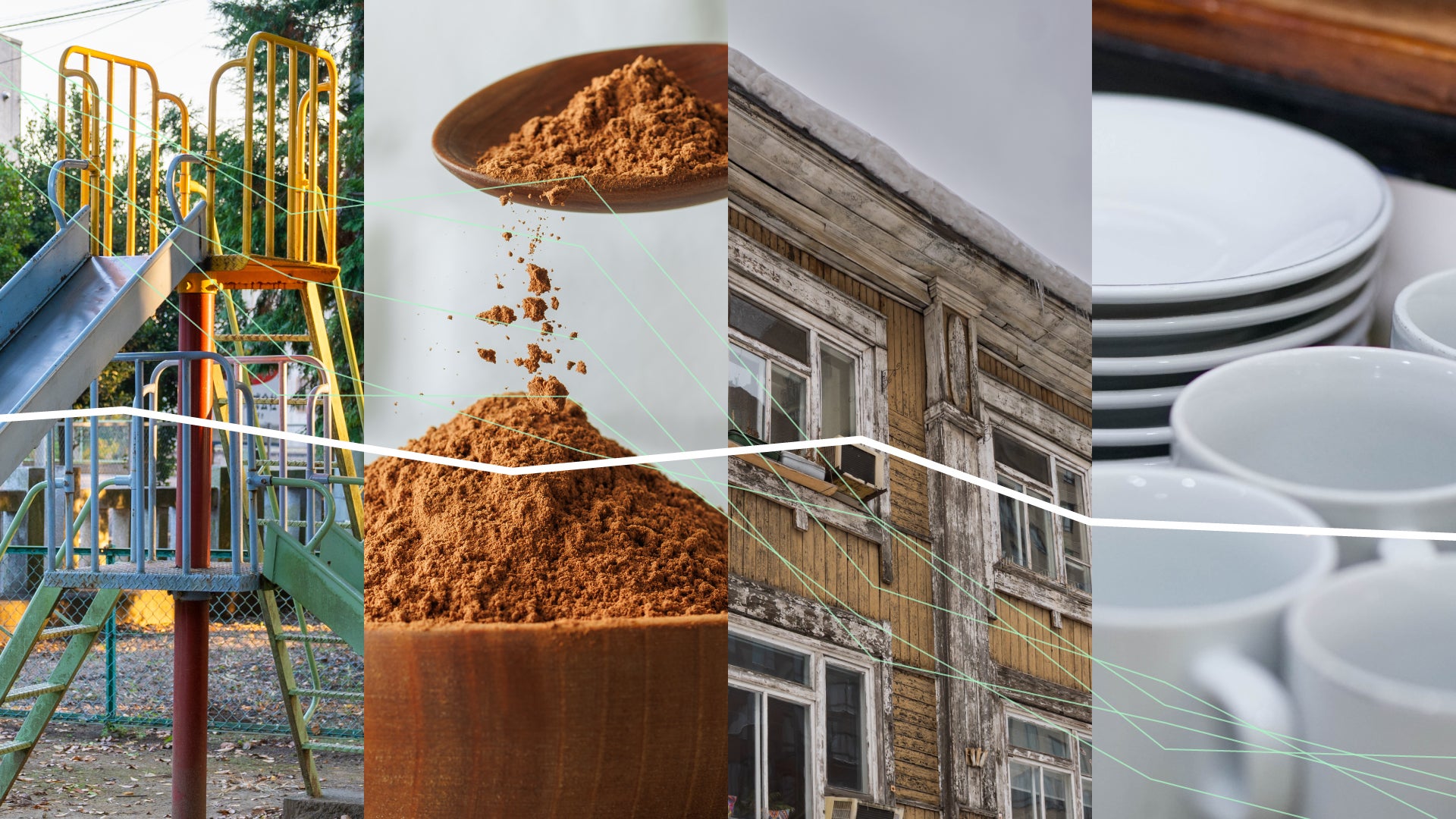 A collage of images: a playground, a pile of dirt, an old home, and dishes.