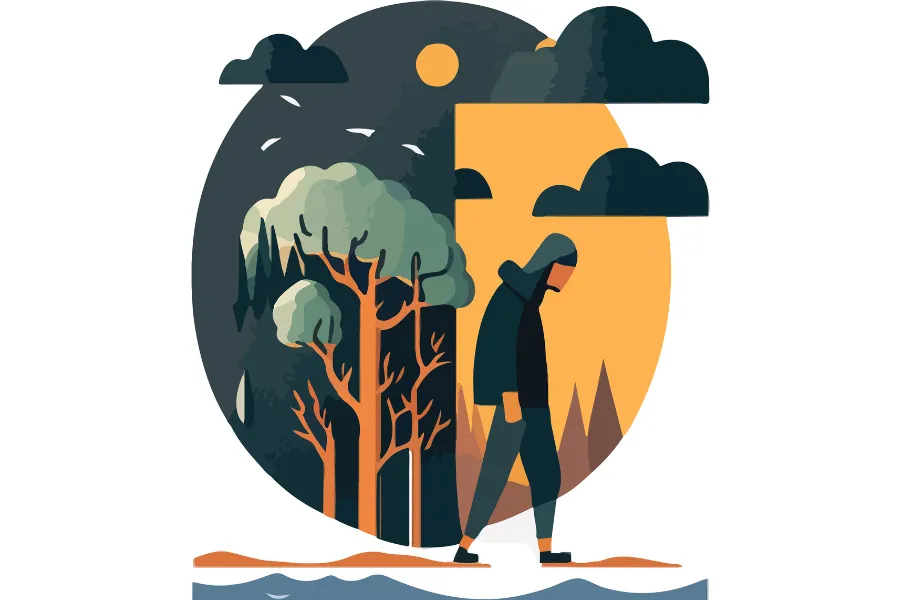 Flat vector illustration of a person in a hooded jacket walking away from a dark, stormy forest with rain clouds, moving toward a bright yellow sunlit background.